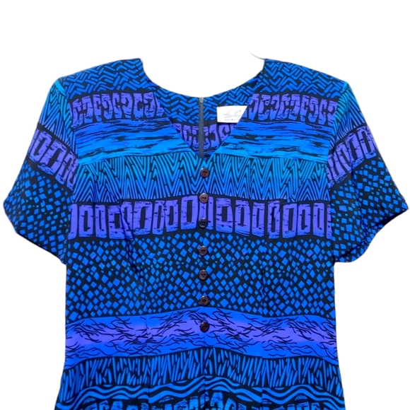 Kathy Lee Vintage Blue Purple 90s Print Short Sleeve Maxi Dress Women's Size 10 - Picture 4 of 6